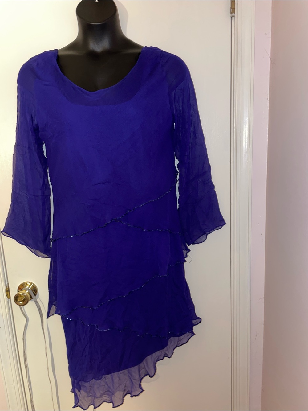PATRA Boutique Navy Chiffon Beaded Asymmetrical hem Tiered Dress 12-14